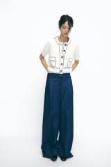 ODM Women's Contrast Trim Cardigan with Wide-Legged Denim Trousers – Customizable Wholesale Fashion Set for Retailers