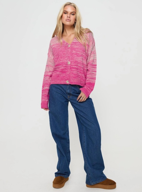 Customized Pink Ombre Knit Cardigan – Wholesale Lightweight Cardigan with V-Neck and Button Front for Retailers