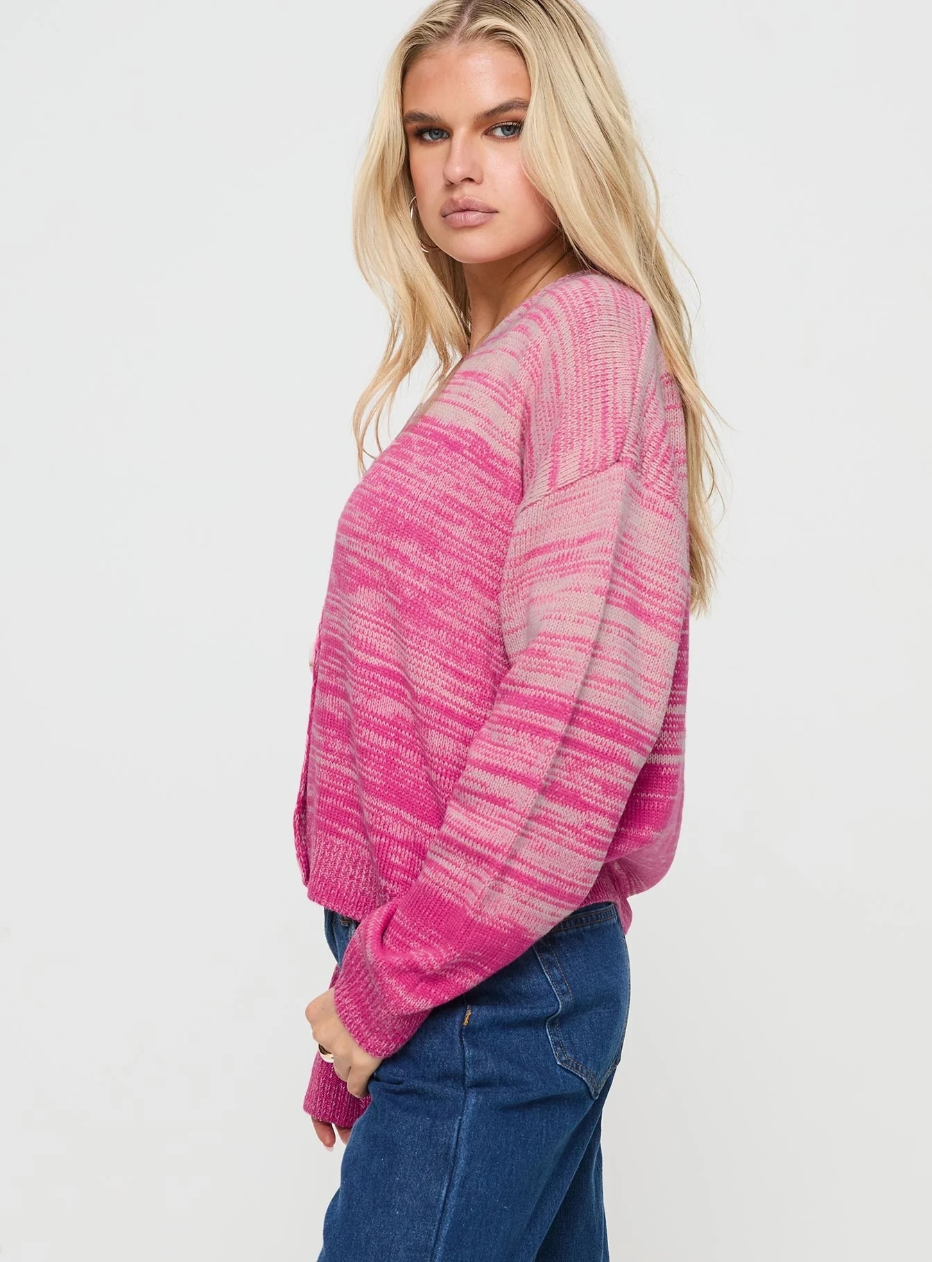 Customized Pink Ombre Knit Cardigan – Wholesale Lightweight Cardigan with V-Neck and Button Front for Retailers