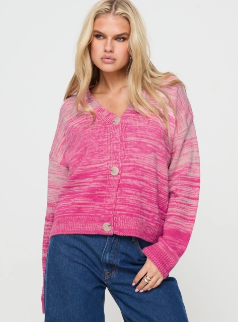 Customized Pink Ombre Knit Cardigan – Wholesale Lightweight Cardigan with V-Neck and Button Front for Retailers