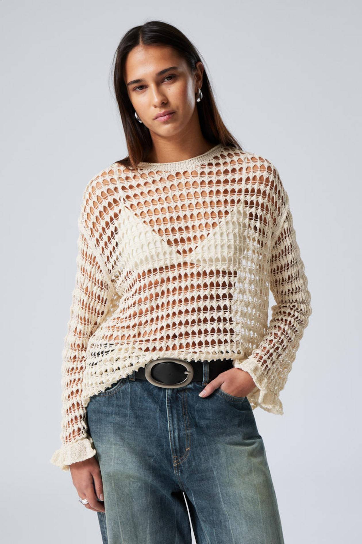 Customized Cream Mesh crochet Pullover – Wholesale Customizable Lightweight Pullover for Retailers
