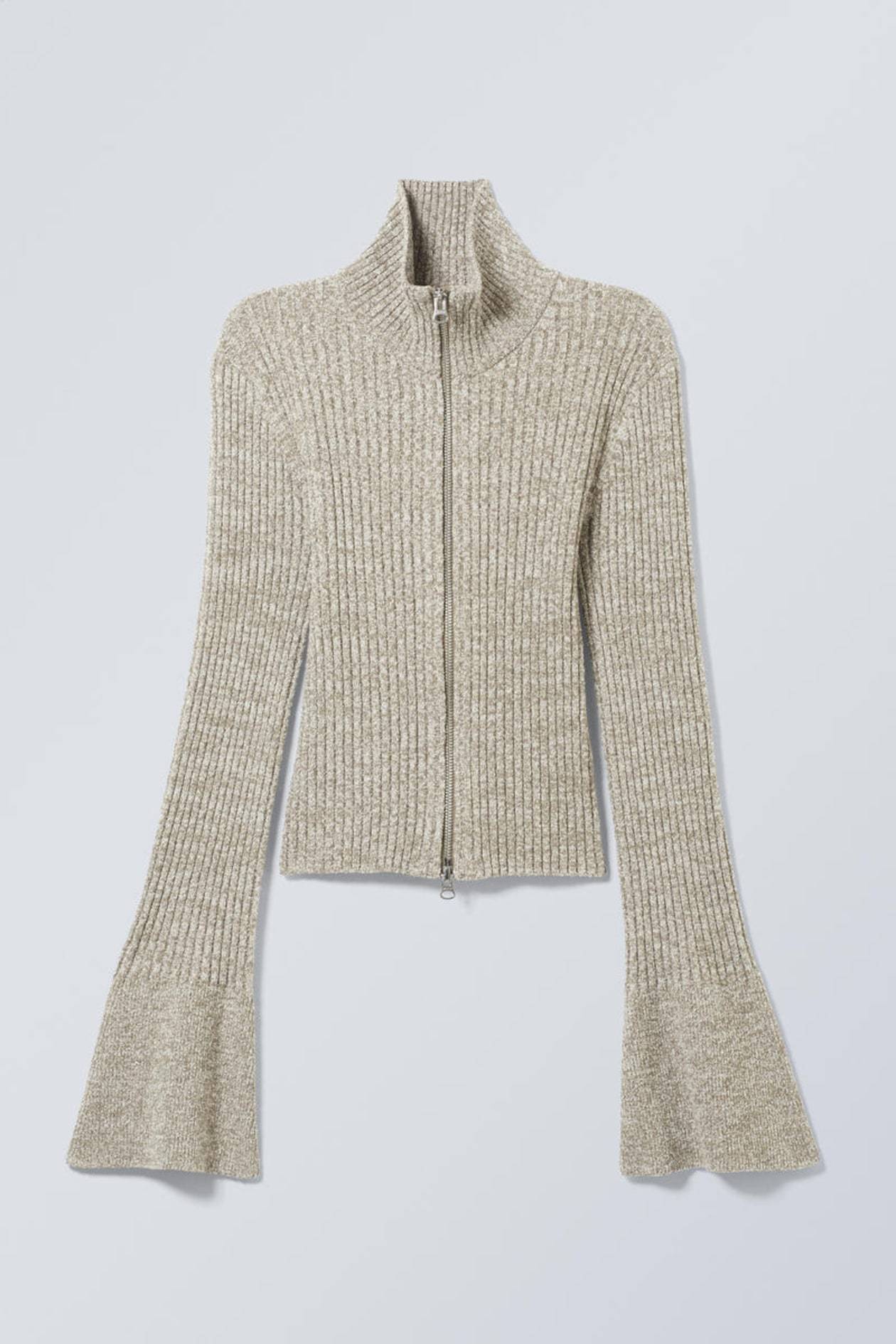 Tailor-Made Women’s Ribbed Knit Zip-Up Sweater with Bell Sleeves – Wholesale Customizable Sweater for Retailers