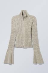 Tailor-Made Women’s Ribbed Knit Zip-Up Sweater with Bell Sleeves – Wholesale Customizable Sweater for Retailers