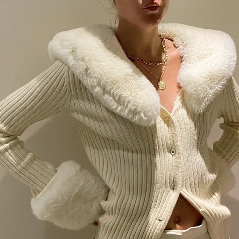 Wholesale Custom Design Cozy Ribbed Cardigan with Faux Fur Collar & Cuffs – Premium Quality, Customizable Knitwear for Retailers and Manufacturers