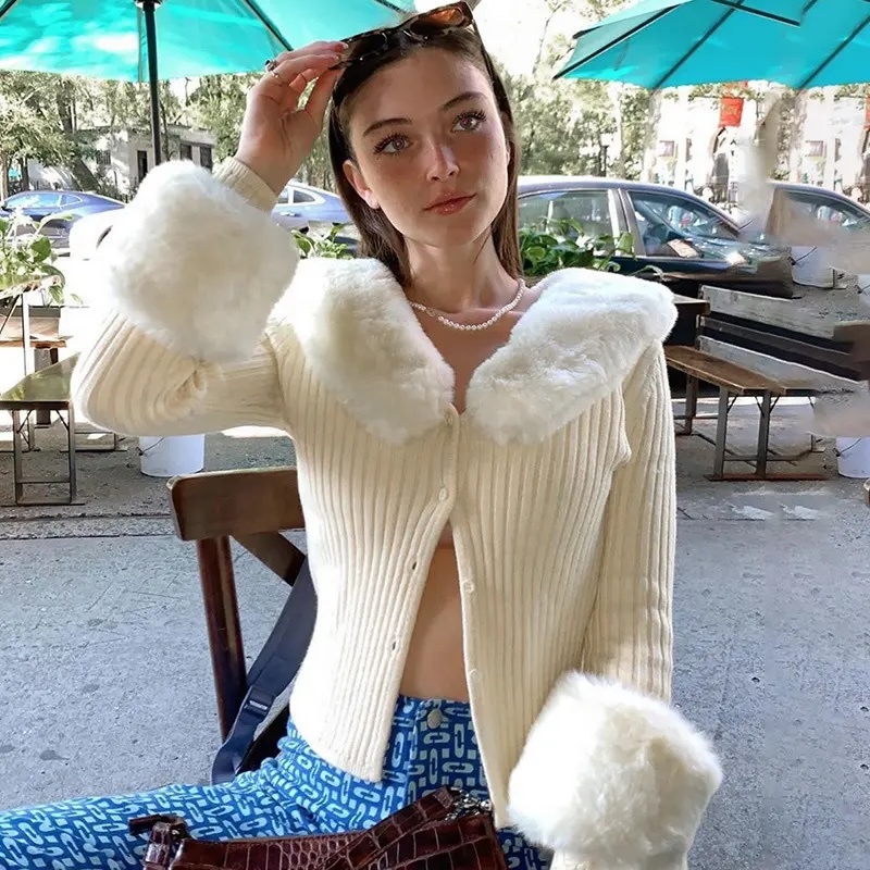 Wholesale Custom Design Cozy Ribbed Cardigan with Faux Fur Collar & Cuffs – Premium Quality, Customizable Knitwear for Retailers and Manufacturers