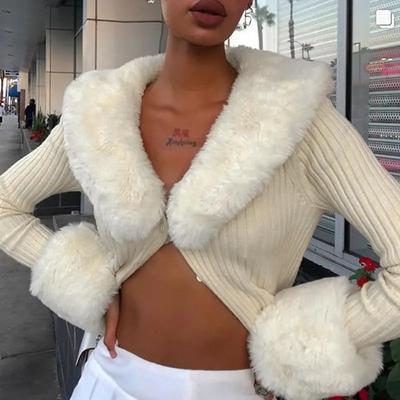 Wholesale Custom Design Cozy Ribbed Cardigan with Faux Fur Collar & Cuffs – Premium Quality, Customizable Knitwear for Retailers and Manufacturers