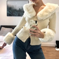 Wholesale Custom Design Cozy Ribbed Cardigan with Faux Fur Collar & Cuffs – Premium Quality, Customizable Knitwear for Retailers and Manufacturers