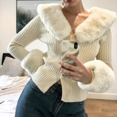 Wholesale Custom Design Cozy Ribbed Cardigan with Faux Fur Collar & Cuffs – Premium Quality, Customizable Knitwear for Retailers and Manufacturers