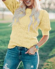 OEM Available Puff Sleeve Eyelet Knit Top in Bright Yellow – Custom Women’s Top Manufacturer | Jubaodi