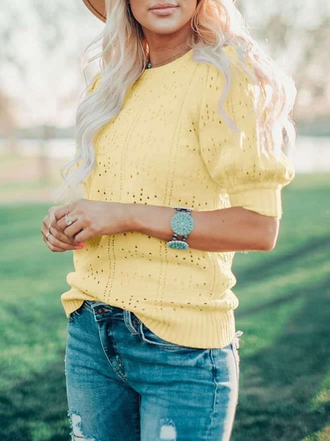 OEM Available Puff Sleeve Eyelet Knit Top in Bright Yellow – Custom Women’s Top Manufacturer | Jubaodi