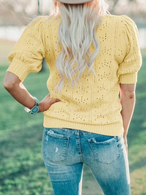 OEM Available Puff Sleeve Eyelet Knit Top in Bright Yellow – Custom Women’s Top Manufacturer | Jubaodi