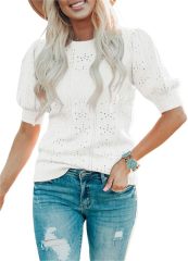 OEM Available Puff Sleeve Eyelet Knit Top in Bright Yellow – Custom Women’s Top Manufacturer | Jubaodi