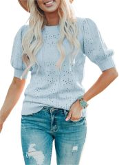 OEM Available Puff Sleeve Eyelet Knit Top in Bright Yellow – Custom Women’s Top Manufacturer | Jubaodi