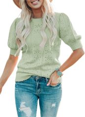 OEM Available Puff Sleeve Eyelet Knit Top in Bright Yellow – Custom Women’s Top Manufacturer | Jubaodi