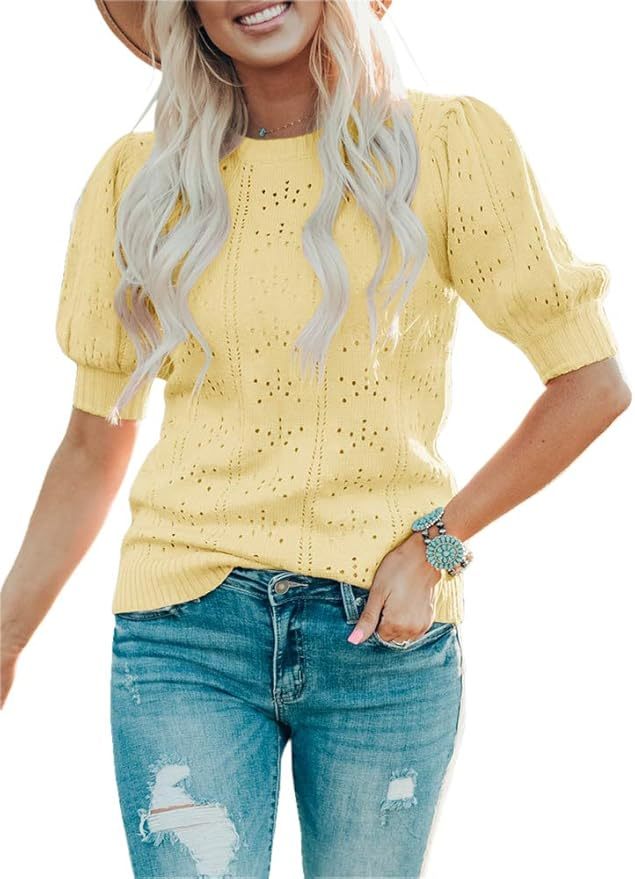 OEM Available Puff Sleeve Eyelet Knit Top in Bright Yellow – Custom Women’s Top Manufacturer | Jubaodi