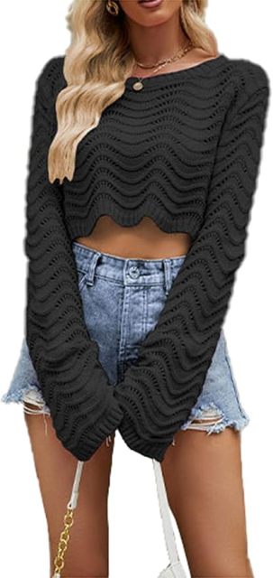 Custom Cropped Wavy Knit Sweater with Bell Sleeves in Black – ODM/OEM Women’s Knitwear Manufacturer | Jubaodi