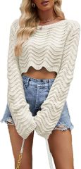 Custom Cropped Wavy Knit Sweater with Bell Sleeves in Black – ODM/OEM Women’s Knitwear Manufacturer | Jubaodi