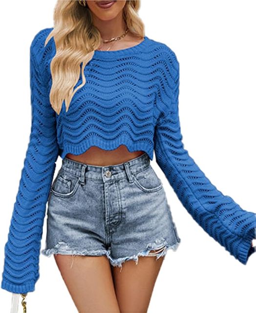 Custom Cropped Wavy Knit Sweater with Bell Sleeves in Black – ODM/OEM Women’s Knitwear Manufacturer | Jubaodi