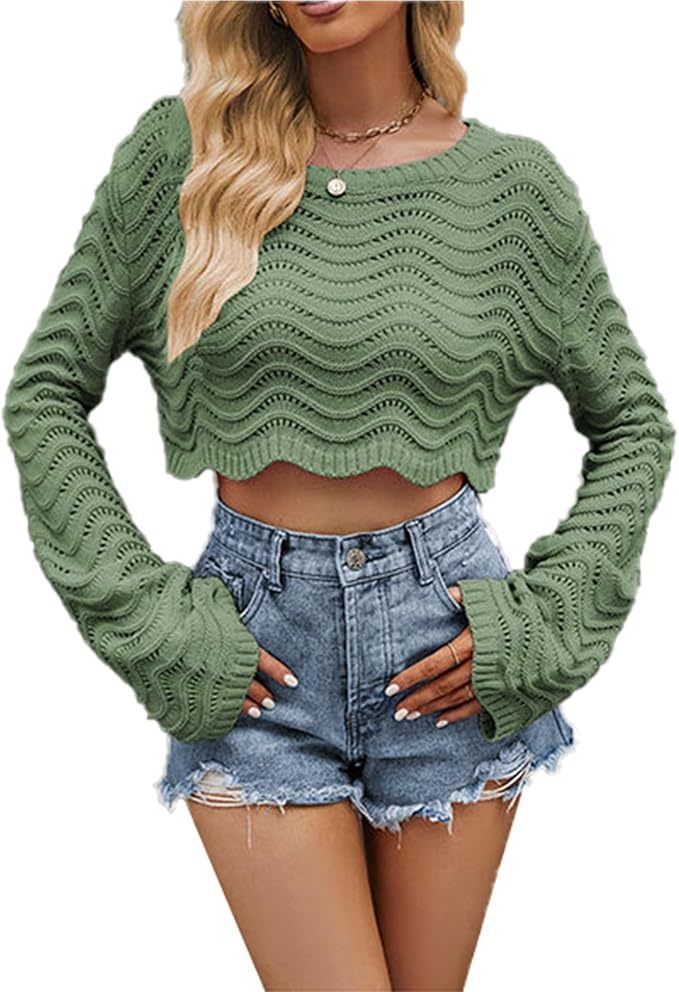 Custom Cropped Wavy Knit Sweater with Bell Sleeves in Black – ODM/OEM Women’s Knitwear Manufacturer | Jubaodi