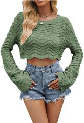 Custom Cropped Wavy Knit Sweater with Bell Sleeves in Black – ODM/OEM Women’s Knitwear Manufacturer | Jubaodi