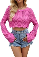 Custom Cropped Wavy Knit Sweater with Bell Sleeves in Black – ODM/OEM Women’s Knitwear Manufacturer | Jubaodi
