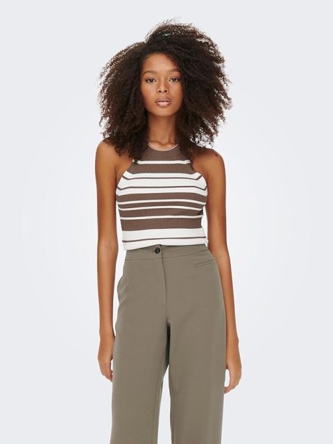 Factory Direct Striped Ribbed Sleeveless Top in Brown and White – Customizable Women’s Knit Top Manufacturer | Jubaodi