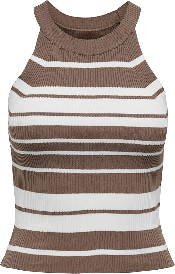 Factory Direct Striped Ribbed Sleeveless Top in Brown and White – Customizable Women’s Knit Top Manufacturer | Jubaodi