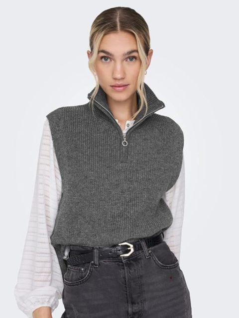 Custom Sleeveless Knit Mock Neck Zip-Up Sweater in Light Grey – ODM/OEM Women’s Sweater Manufacturer | Jubaodi