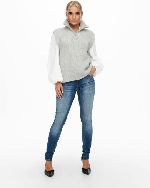 Custom Sleeveless Knit Mock Neck Zip-Up Sweater in Light Grey – ODM/OEM Women’s Sweater Manufacturer | Jubaodi