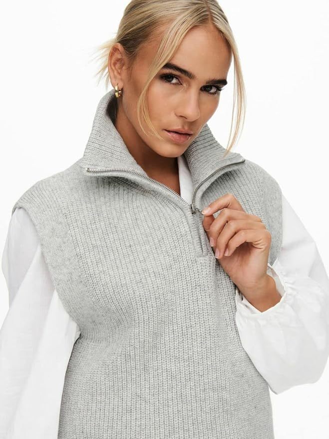 Custom Sleeveless Knit Mock Neck Zip-Up Sweater in Light Grey – ODM/OEM Women’s Sweater Manufacturer | Jubaodi