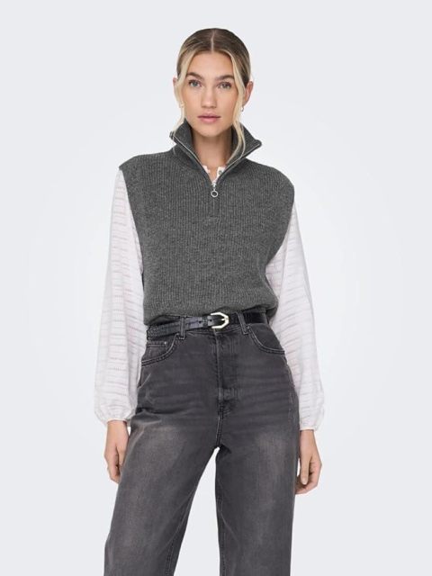 Custom Sleeveless Knit Mock Neck Zip-Up Sweater in Light Grey – ODM/OEM Women’s Sweater Manufacturer | Jubaodi