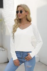 Custom V-Neck Striped Sleeve Top in White – ODM/OEM Women’s Top Manufacturer | Jubaodi