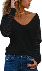 Custom V-Neck Striped Sleeve Top in White – ODM/OEM Women’s Top Manufacturer | Jubaodi