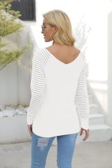 Custom V-Neck Striped Sleeve Top in White – ODM/OEM Women’s Top Manufacturer | Jubaodi