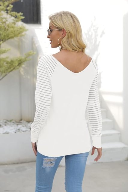 Custom V-Neck Striped Sleeve Top in White – ODM/OEM Women’s Top Manufacturer | Jubaodi