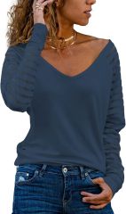 Custom V-Neck Striped Sleeve Top in White – ODM/OEM Women’s Top Manufacturer | Jubaodi