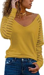 Custom V-Neck Striped Sleeve Top in White – ODM/OEM Women’s Top Manufacturer | Jubaodi