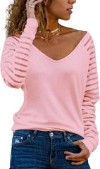 Custom V-Neck Striped Sleeve Top in White – ODM/OEM Women’s Top Manufacturer | Jubaodi