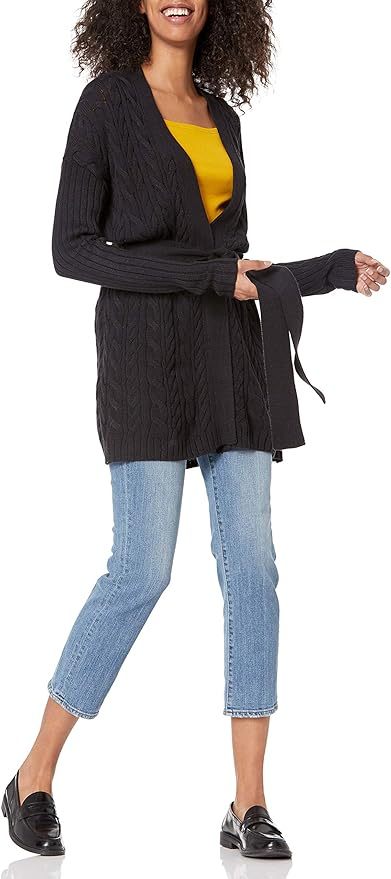 Custom Design Cable Knit Belted Cardigan in Black – ODM/OEM Women’s Cardigan Manufacturer | Jubaodi