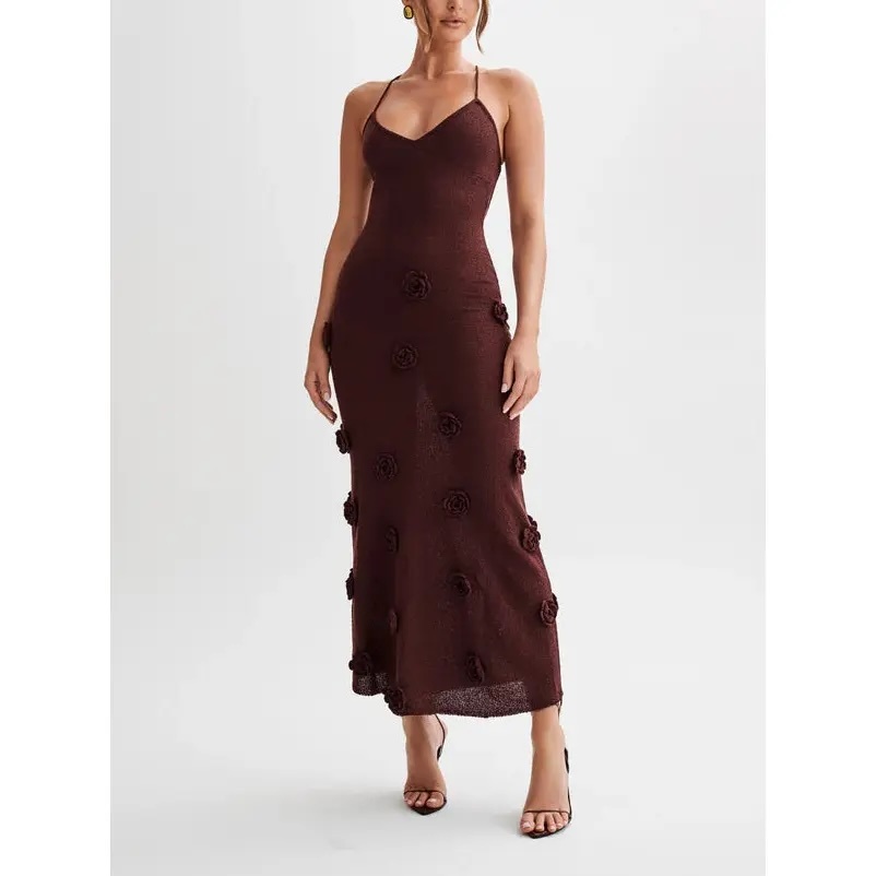 OEM ODM Ivory Floral Knitted Maxi Dress