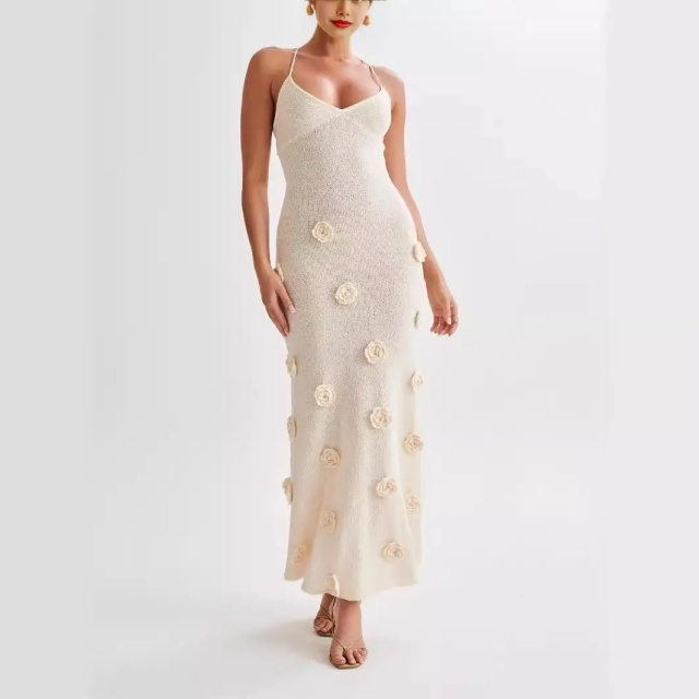 OEM ODM Ivory Floral Knitted Maxi Dress