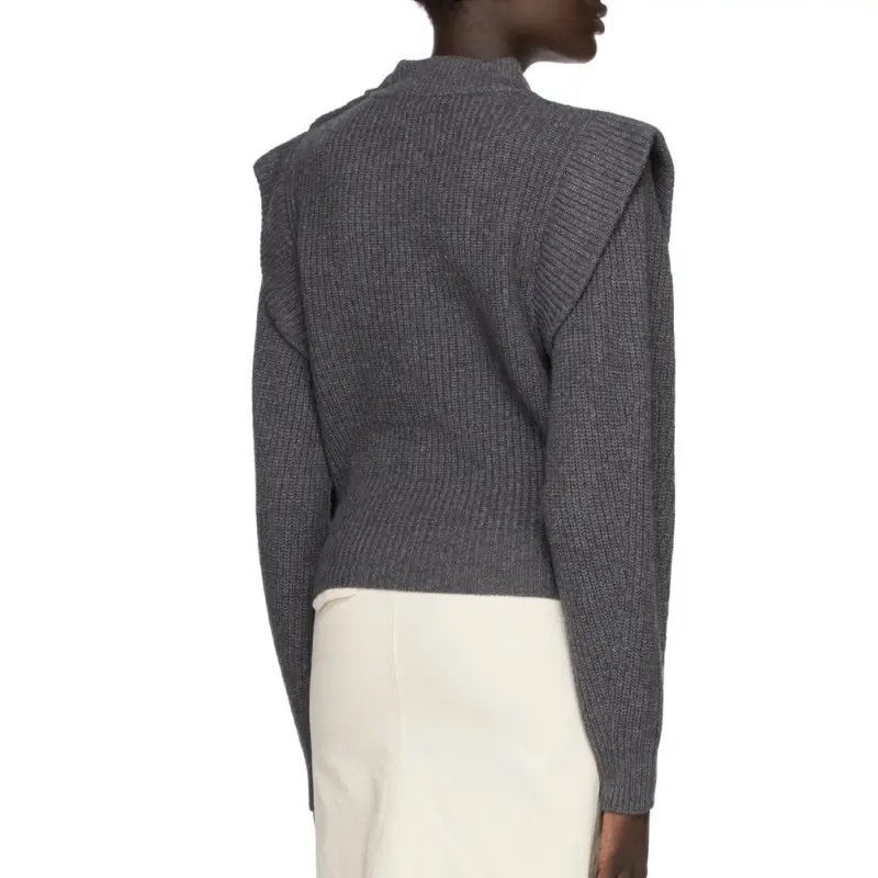 Made-to-order Grey Ribbed Knit Sweater with Shoulder Detail