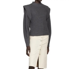Made-to-order Grey Ribbed Knit Sweater with Shoulder Detail