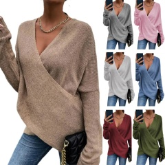 Custom Design Blue V-Neck Wrap Knit Sweater