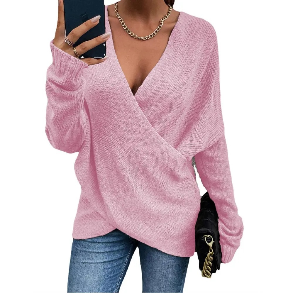 Custom Design Blue V-Neck Wrap Knit Sweater