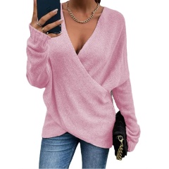 Custom Design Blue V-Neck Wrap Knit Sweater