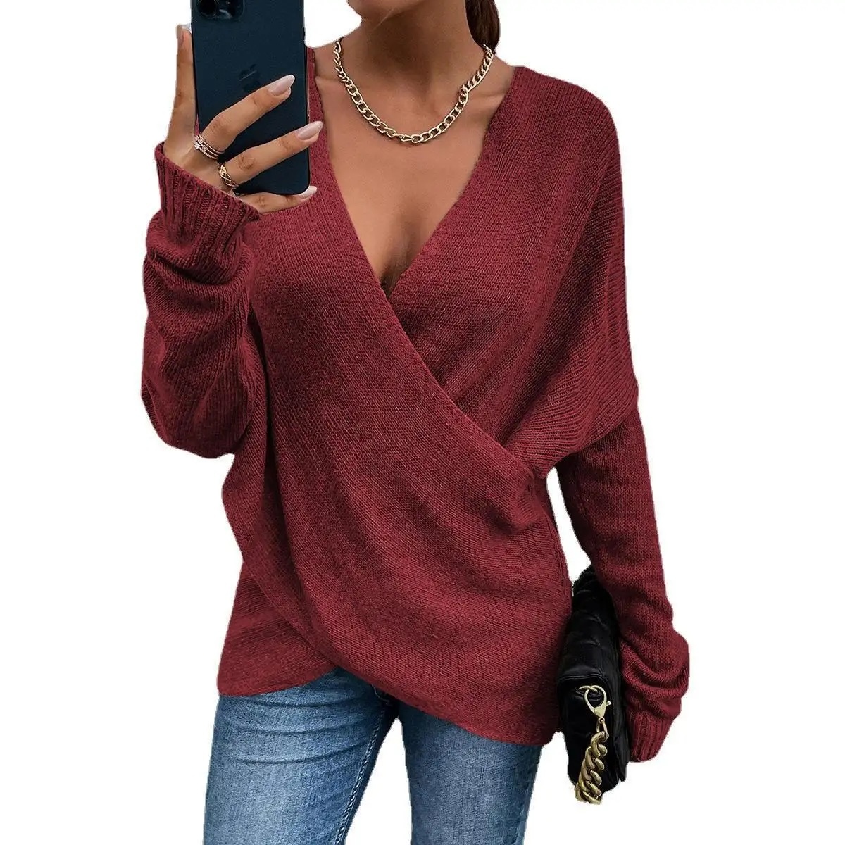 Custom Design Blue V-Neck Wrap Knit Sweater
