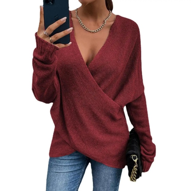 Custom Design Blue V-Neck Wrap Knit Sweater