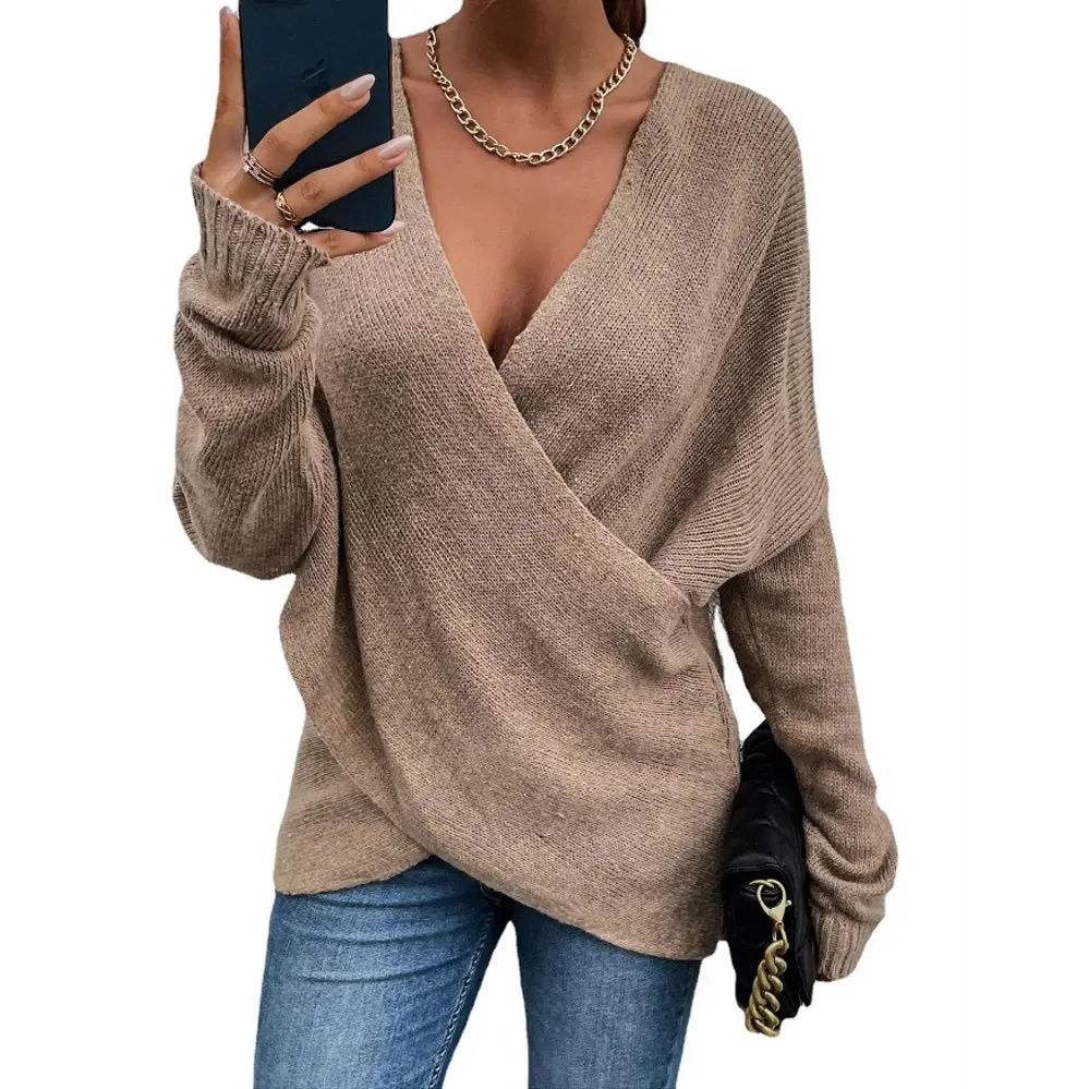 Custom Design Blue V-Neck Wrap Knit Sweater