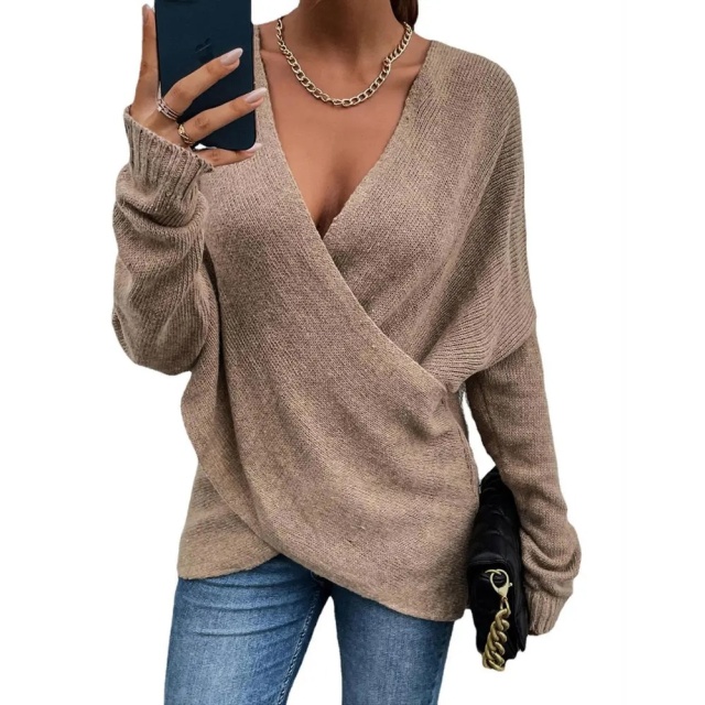 Custom Design Blue V-Neck Wrap Knit Sweater